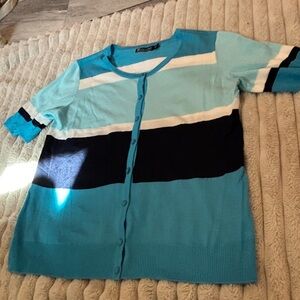 Striped Blue & Black Button-Front Women's Sweater xl